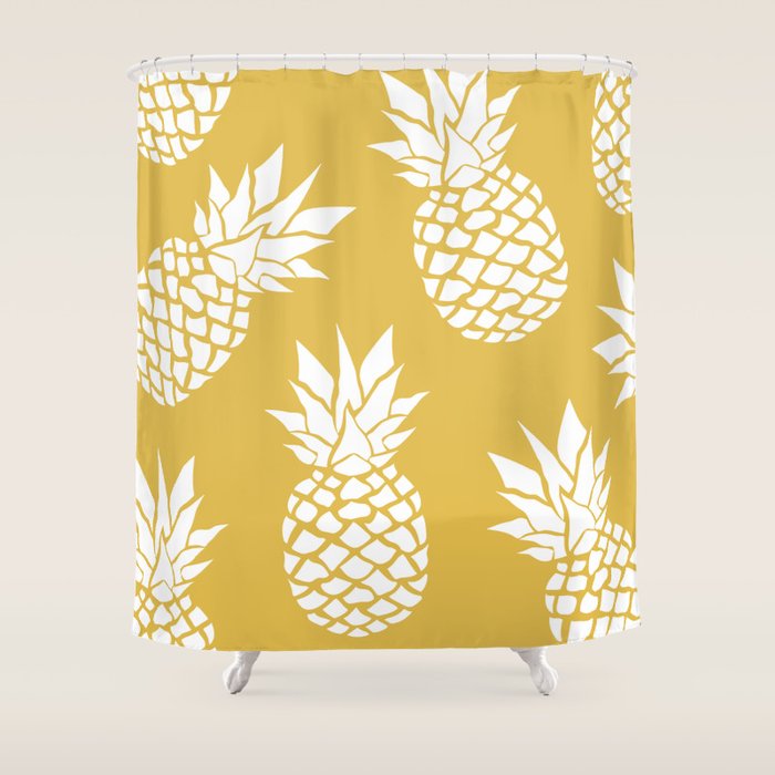 Tropical, Pineapples, Navy Blue ad White Shower Curtain Gallery Image 1