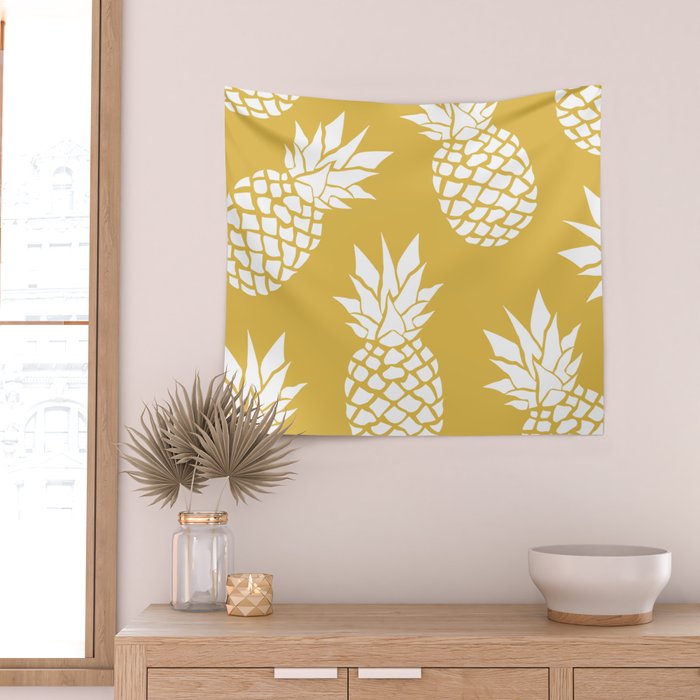 Tropical, Pineapples, Navy Blue ad White Wall Tapestry Gallery Image 2