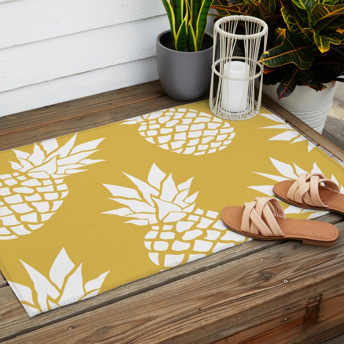 Tropical, Pineapples, Navy Blue ad White Outdoor Rug Gallery Image 2