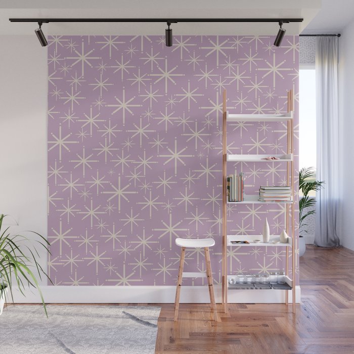 Mid Century Modern Twinkling Stars Retro Atomic Pattern Lavender Cream Wall Mural Gallery Image 1