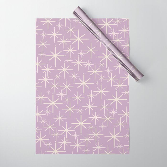 Mid Century Modern Twinkling Stars Retro Atomic Pattern Lavender Cream Wrapping Paper Gallery Image 1