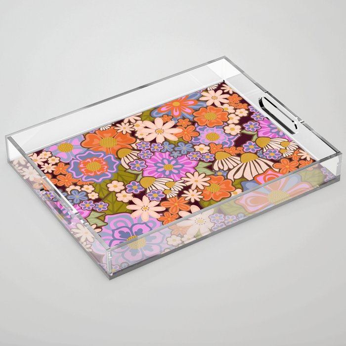 Psychedelic 70s Floral Pattern Acrylic Tray Gallery Image 1