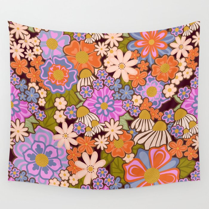 Psychedelic 70s Floral Pattern Wall Tapestry Gallery Image 1