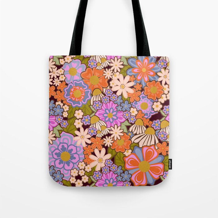Psychedelic 70s Floral Pattern Tote Bag Gallery Image 1