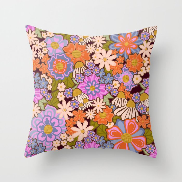 Psychedelic 70s Floral Pattern Throw Pillow Gallery Image 1
