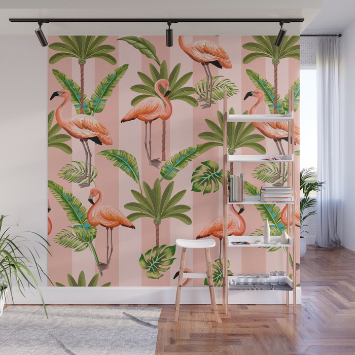 Pink Flamingos on blush pink stripes tropical midcentury Wall Mural Gallery Image 1