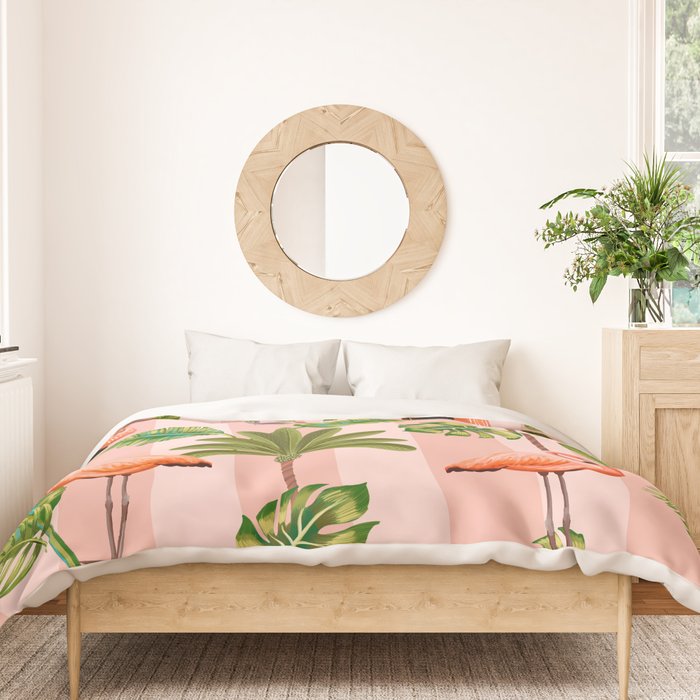 Pink Flamingos on blush pink stripes tropical midcentury Duvet Cover Gallery Image 3
