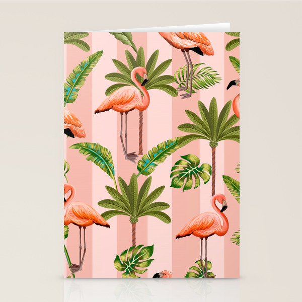 Pink Flamingos on blush pink stripes tropical midcentury Stationery Card Gallery Image 2