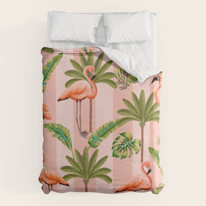 Pink Flamingos on blush pink stripes tropical midcentury Duvet Cover Gallery Image 6