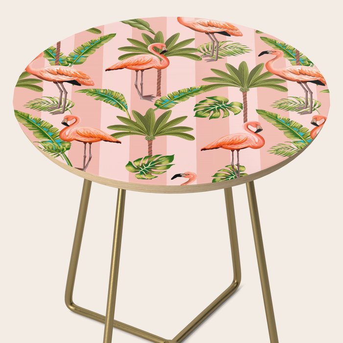 Pink Flamingos on blush pink stripes tropical midcentury Side Table Gallery Image 2