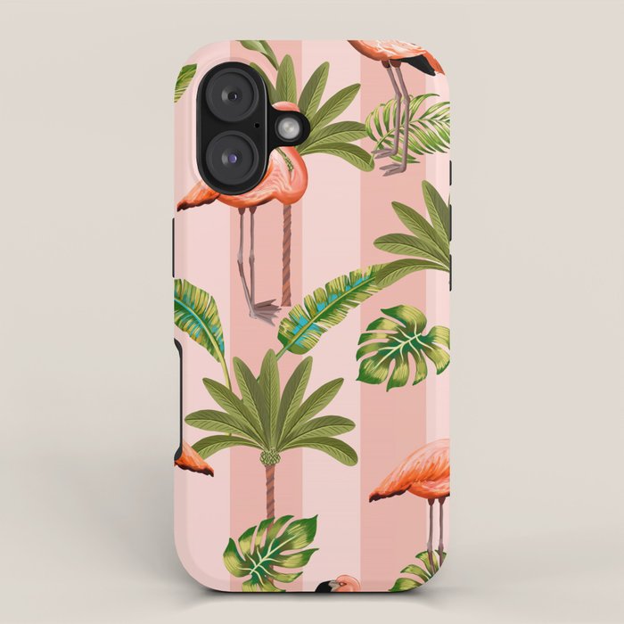 Pink Flamingos on blush pink stripes tropical midcentury iPhone Case Gallery Image 1