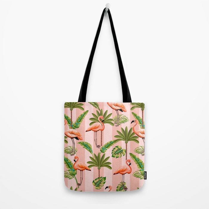 Pink Flamingos on blush pink stripes tropical midcentury Tote Bag Gallery Image 2