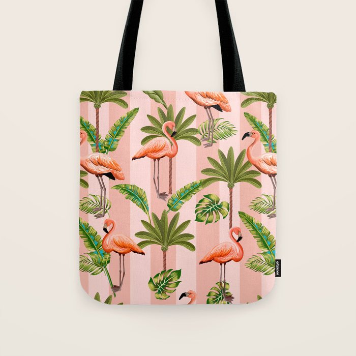 Pink Flamingos on blush pink stripes tropical midcentury Tote Bag Gallery Image 1