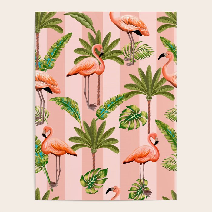 Pink Flamingos on blush pink stripes tropical midcentury Poster Gallery Image 1