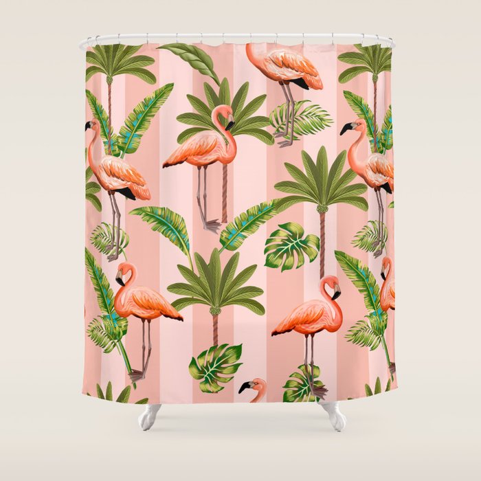 Pink Flamingos on blush pink stripes tropical midcentury Shower Curtain Gallery Image 1