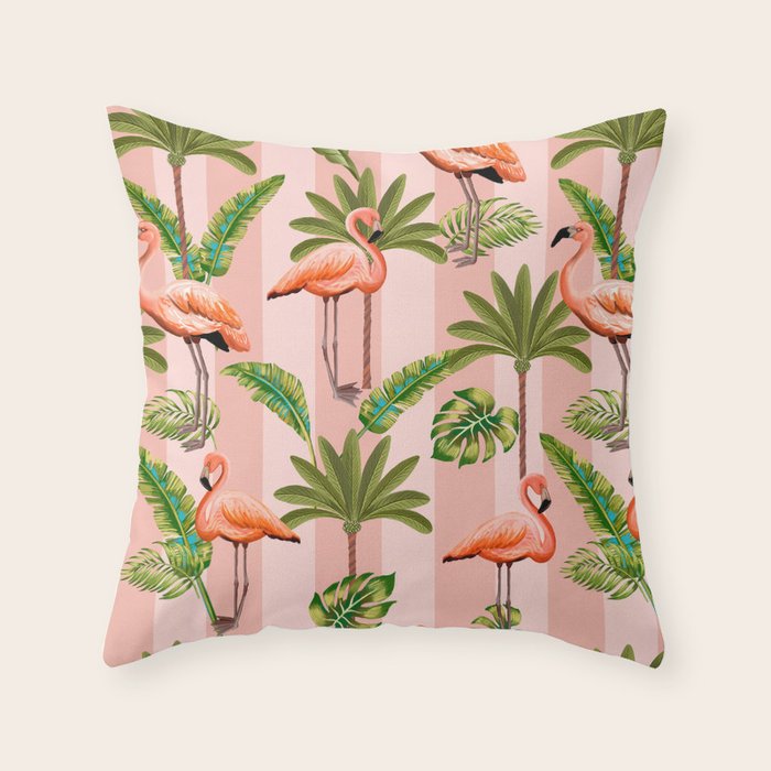 Pink Flamingos on blush pink stripes tropical midcentury Throw Pillow Gallery Image 6
