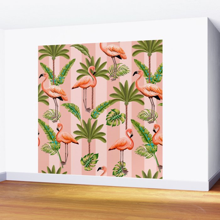 Pink Flamingos on blush pink stripes tropical midcentury Wall Mural Gallery Image 2