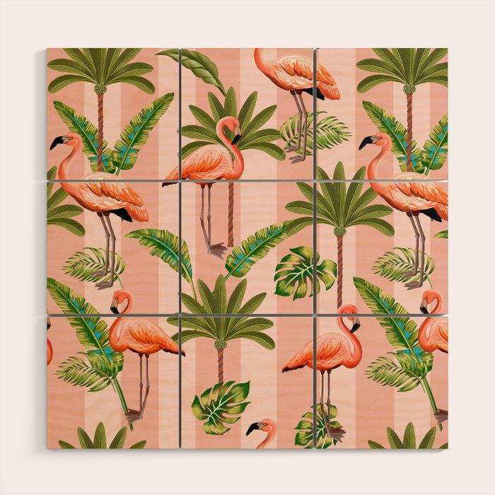 Pink Flamingos on blush pink stripes tropical midcentury Wood Wall Art Gallery Image 1
