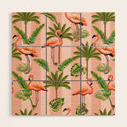 Pink Flamingos on blush pink stripes tropical midcentury Wood Wall Art Gallery Image 1