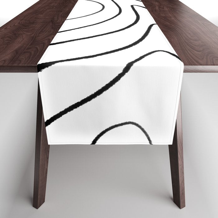 Minimalist Topographical Abstract in Black and White Table Runner Gallery Image 1