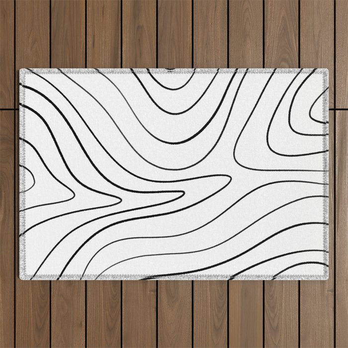 Minimalist Topographical Abstract in Black and White Outdoor Rug Gallery Image 1
