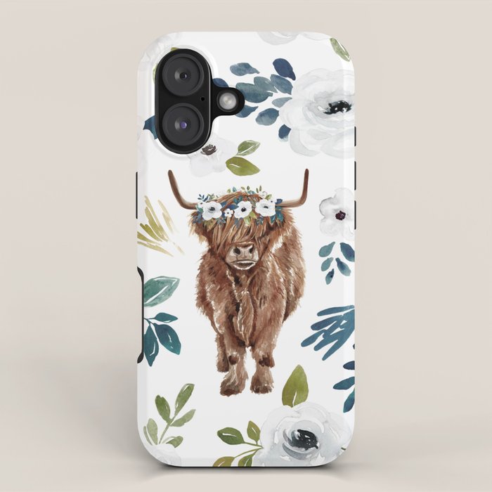Highland Cow, Highland Cows with Flowers, Flower Crown, Floral Print, Watercolor iPhone Case Gallery Image 1