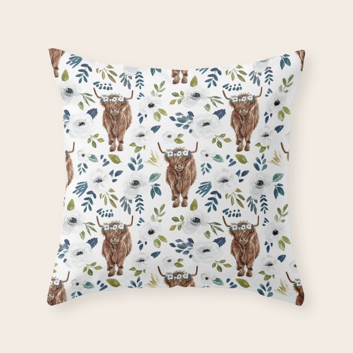 Highland Cow, Highland Cows with Flowers, Flower Crown, Floral Print, Watercolor Throw Pillow Gallery Image 1