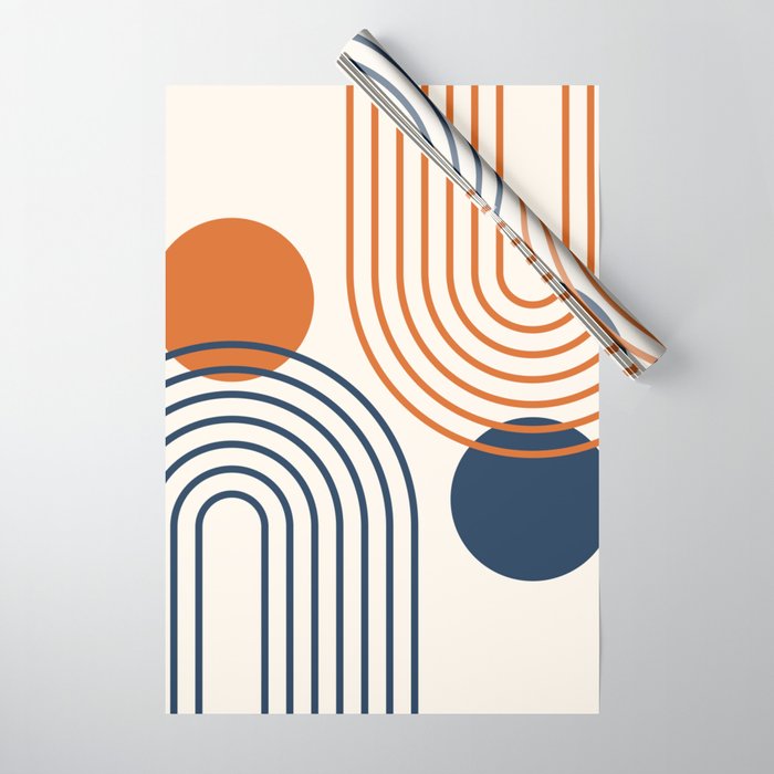 Mid Century Modern Geometric 199 in Navy Blue Orange Wrapping Paper Gallery Image 1
