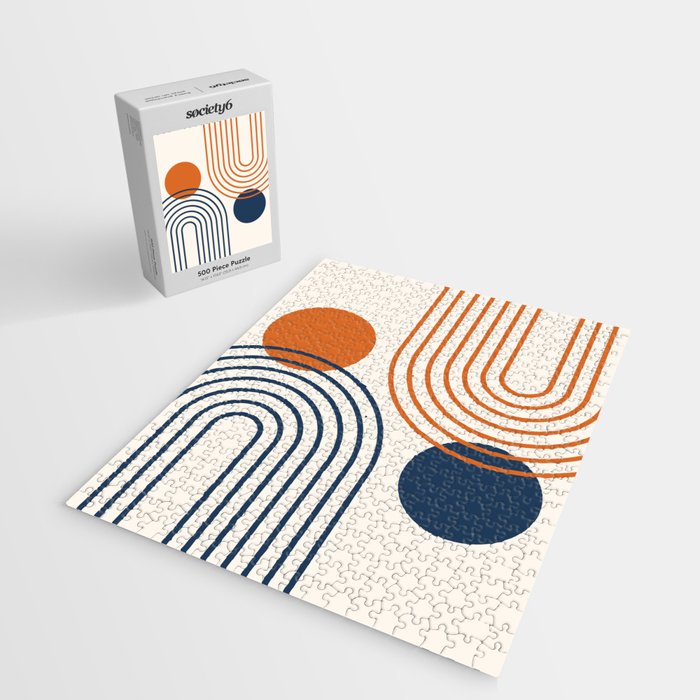 Mid Century Modern Geometric 199 in Navy Blue Orange Jigsaw Puzzle Gallery Image 2