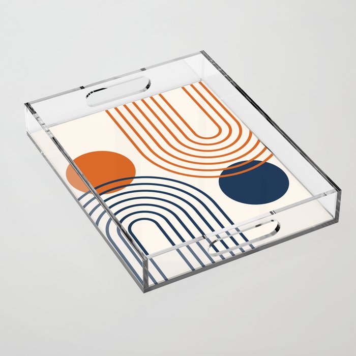 Mid Century Modern Geometric 199 in Navy Blue Orange Acrylic Tray Gallery Image 1