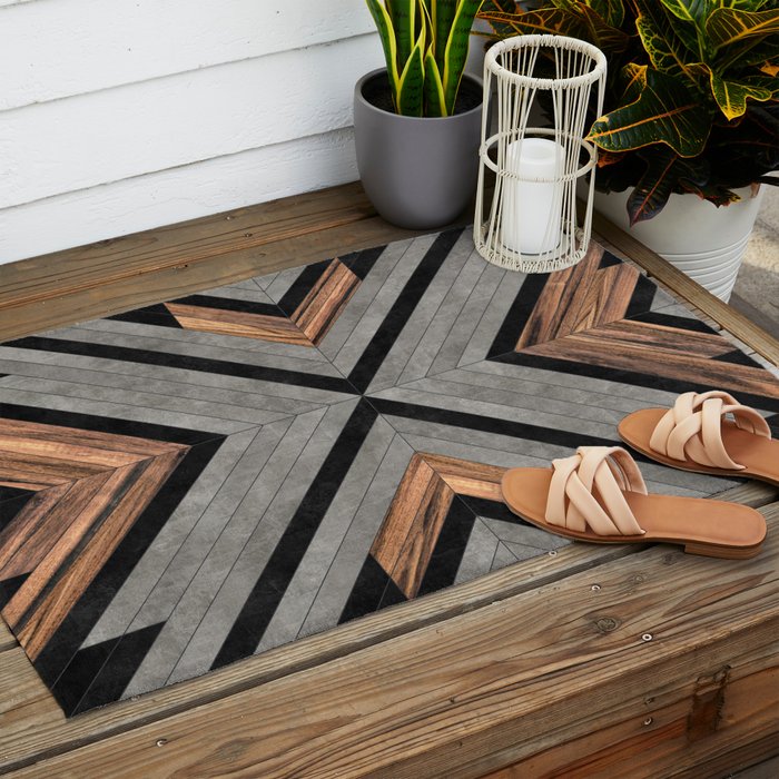 Urban Tribal Pattern No.2 - Concrete and Wood Outdoor Rug Gallery Image 2