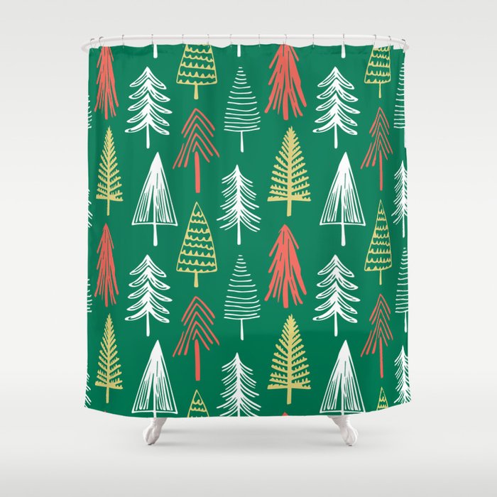 Green christmas pine tree doodle pattern Shower Curtain Gallery Image 1