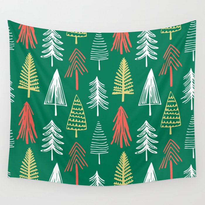 Green christmas pine tree doodle pattern Wall Tapestry Gallery Image 4