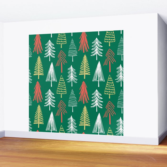 Green christmas pine tree doodle pattern Wall Mural Gallery Image 2