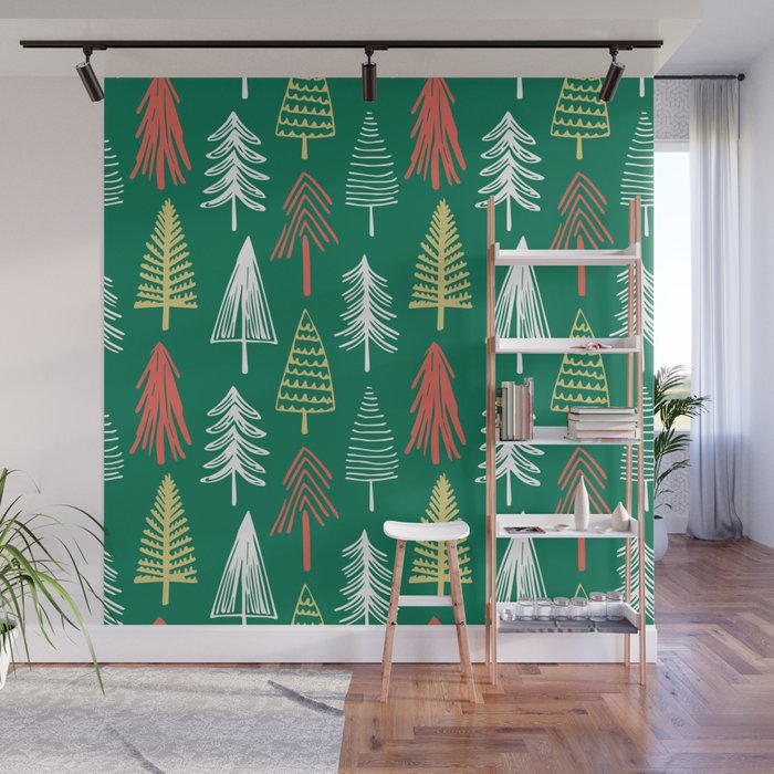 Green christmas pine tree doodle pattern Wall Mural Gallery Image 1