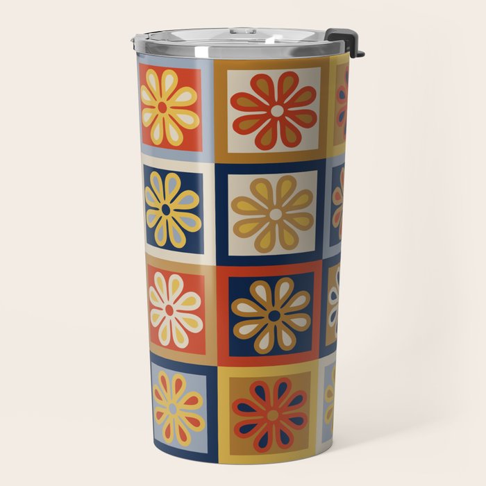 Retro Colorful Flower Checkerboard Travel Mug Gallery Image 2