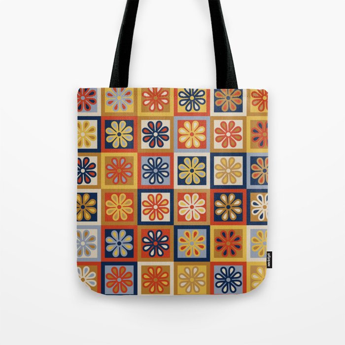 Retro Colorful Flower Checkerboard Tote Bag Gallery Image 1