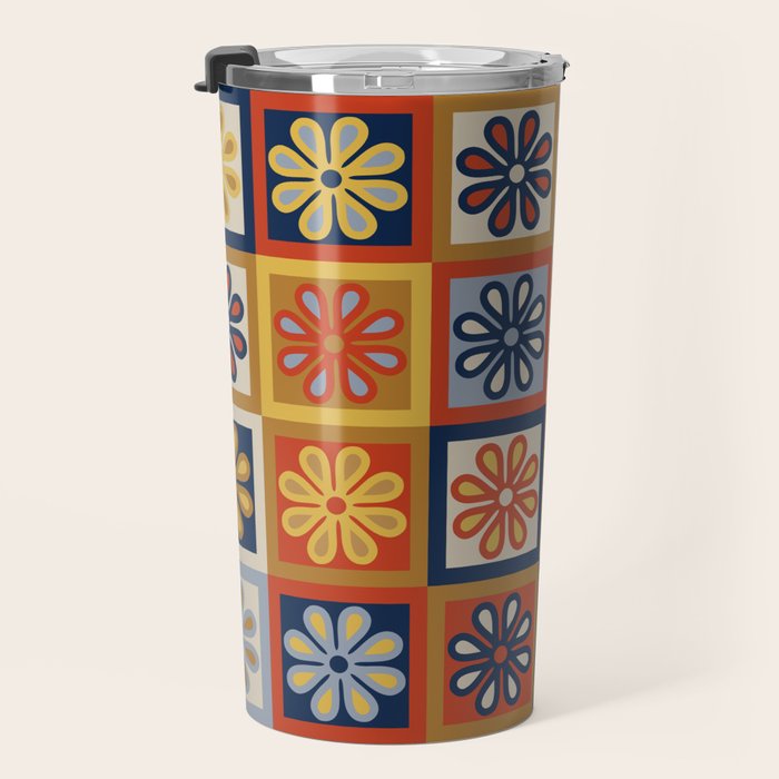 Retro Colorful Flower Checkerboard Travel Mug Gallery Image 3