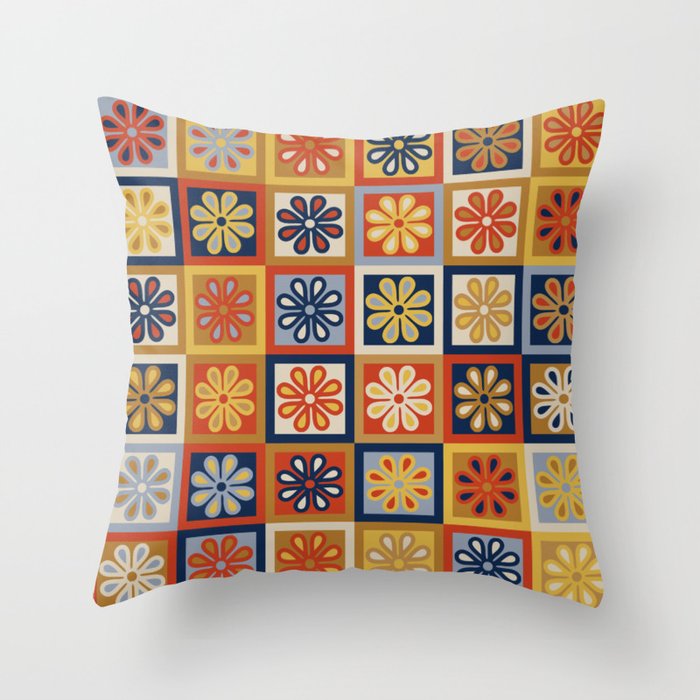 Retro Colorful Flower Checkerboard Throw Pillow Gallery Image 6