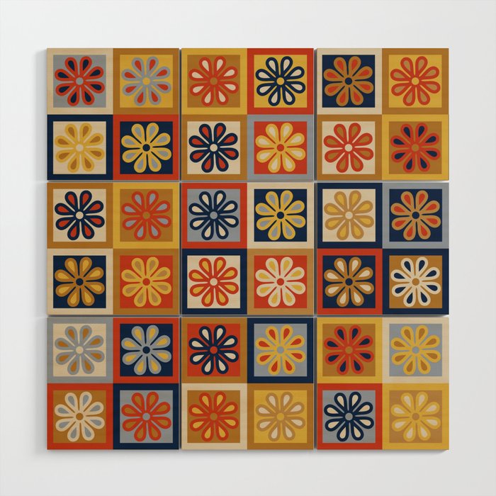 Retro Colorful Flower Checkerboard Wood Wall Art Gallery Image 1