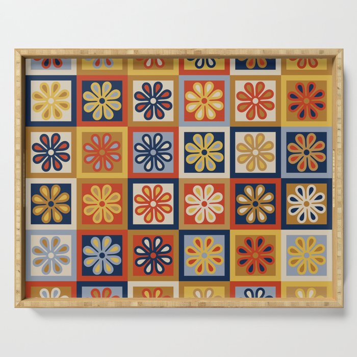 Retro Colorful Flower Checkerboard Serving Tray Gallery Image 1