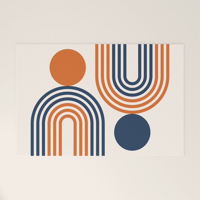 Mid Century Modern Geometric 450 in Navy Blue and Orange (Rainbow and Sun Abstraction) Welcome Mat Gallery Image 1