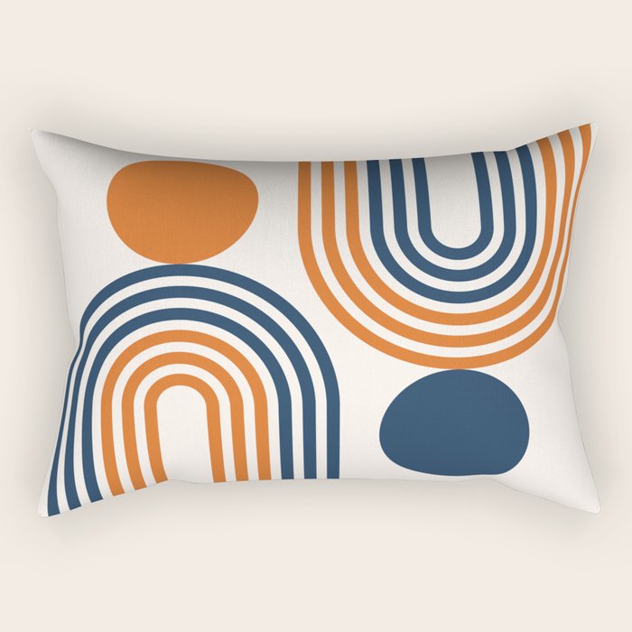 Mid Century Modern Geometric 450 in Navy Blue and Orange (Rainbow and Sun Abstraction) Rectangular Pillow Gallery Image 2