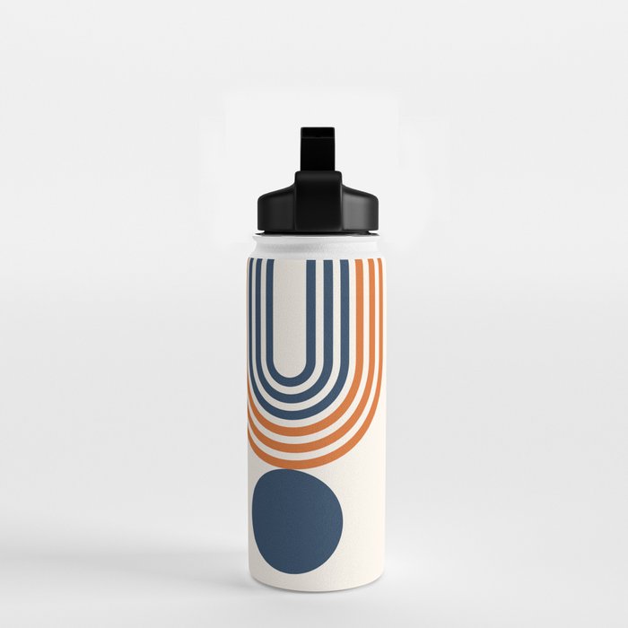Mid Century Modern Geometric 450 in Navy Blue and Orange (Rainbow and Sun Abstraction) Water Bottle Gallery Image 2