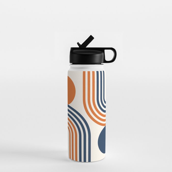 Mid Century Modern Geometric 450 in Navy Blue and Orange (Rainbow and Sun Abstraction) Water Bottle Gallery Image 1