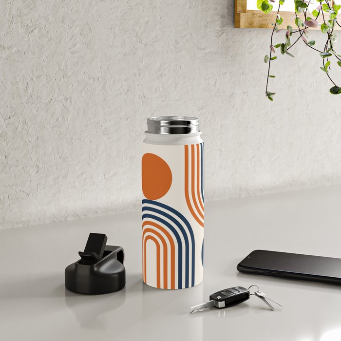 Mid Century Modern Geometric 450 in Navy Blue and Orange (Rainbow and Sun Abstraction) Water Bottle Gallery Image 4
