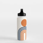 Mid Century Modern Geometric 450 in Navy Blue and Orange (Rainbow and Sun Abstraction) Water Bottle Gallery Image 3
