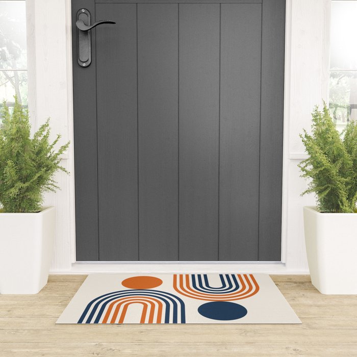 Mid Century Modern Geometric 450 in Navy Blue and Orange (Rainbow and Sun Abstraction) Welcome Mat Gallery Image 3