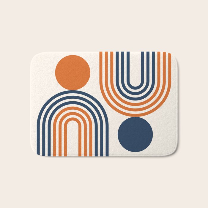 Mid Century Modern Geometric 450 in Navy Blue and Orange (Rainbow and Sun Abstraction) Bath Mat Gallery Image 1