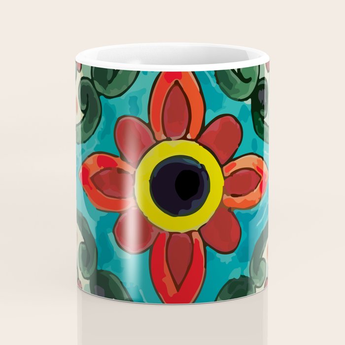 Colorful flower bouquet mexican tile floral pattern Coffee Mug Gallery Image 4